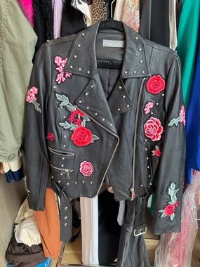 Bagatelle Embellished Floral Faux Leather Moto Jacket SMALL